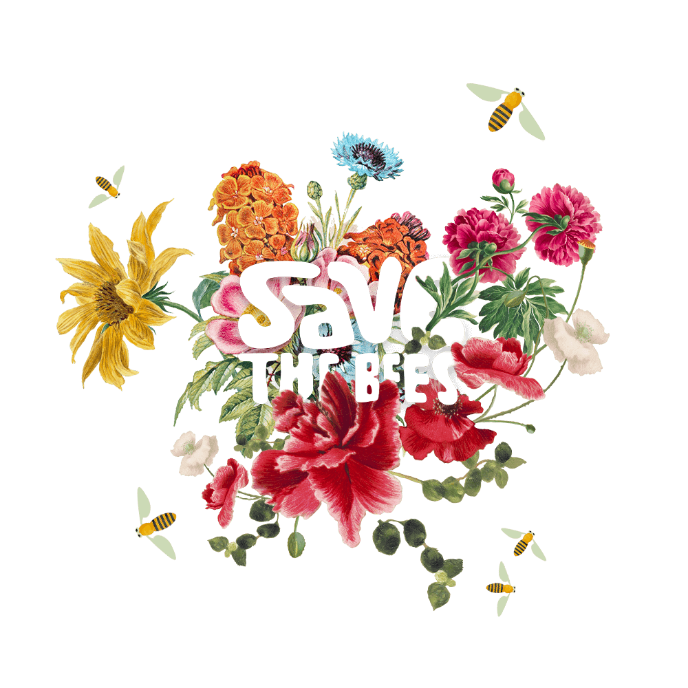 Composizione di fiori illustrati con illustrazioni di api e logo Save The Bees