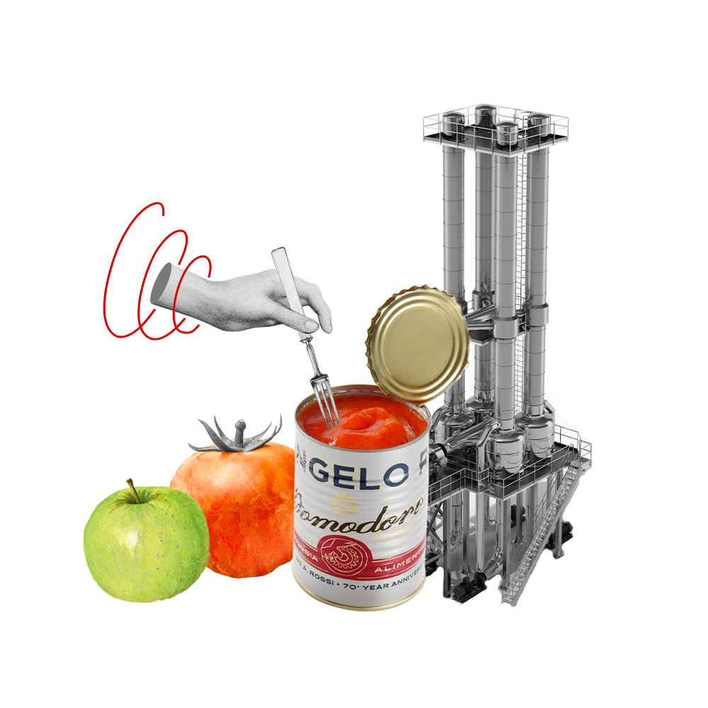 Composizione grafica con un condensatore di pomodoro Thor prodotto da Ing A. Rossi, una latta di passata di pomodoro e frutta