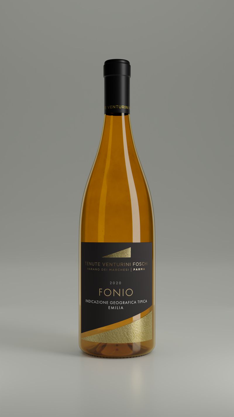 Render 3D bottiglia di vino di Malvasia Fonio per Tenute Venturini Foschi