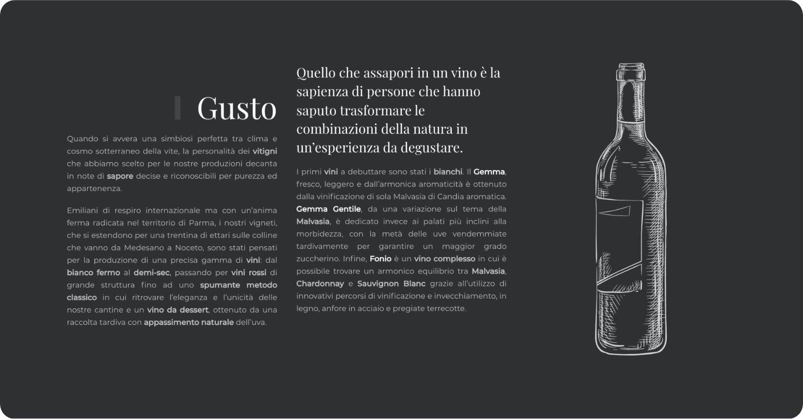 esempio pagina web del sito tenuteventurinifoschi.com con una bottiglia di vino malvasia illustrata