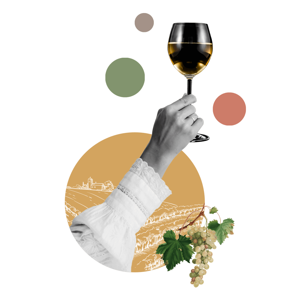 Mano con bicchiere di vino bianco con grappoli d'uva Tenute Venturini Foschi