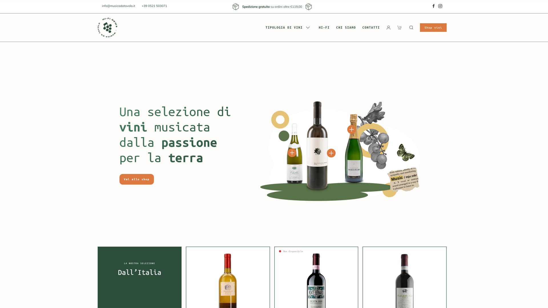 Immagine della homepage del sito musicadatavola.it riportante una selezione manuale di vini animati con un movimento fluttuante attraverso css e javascript