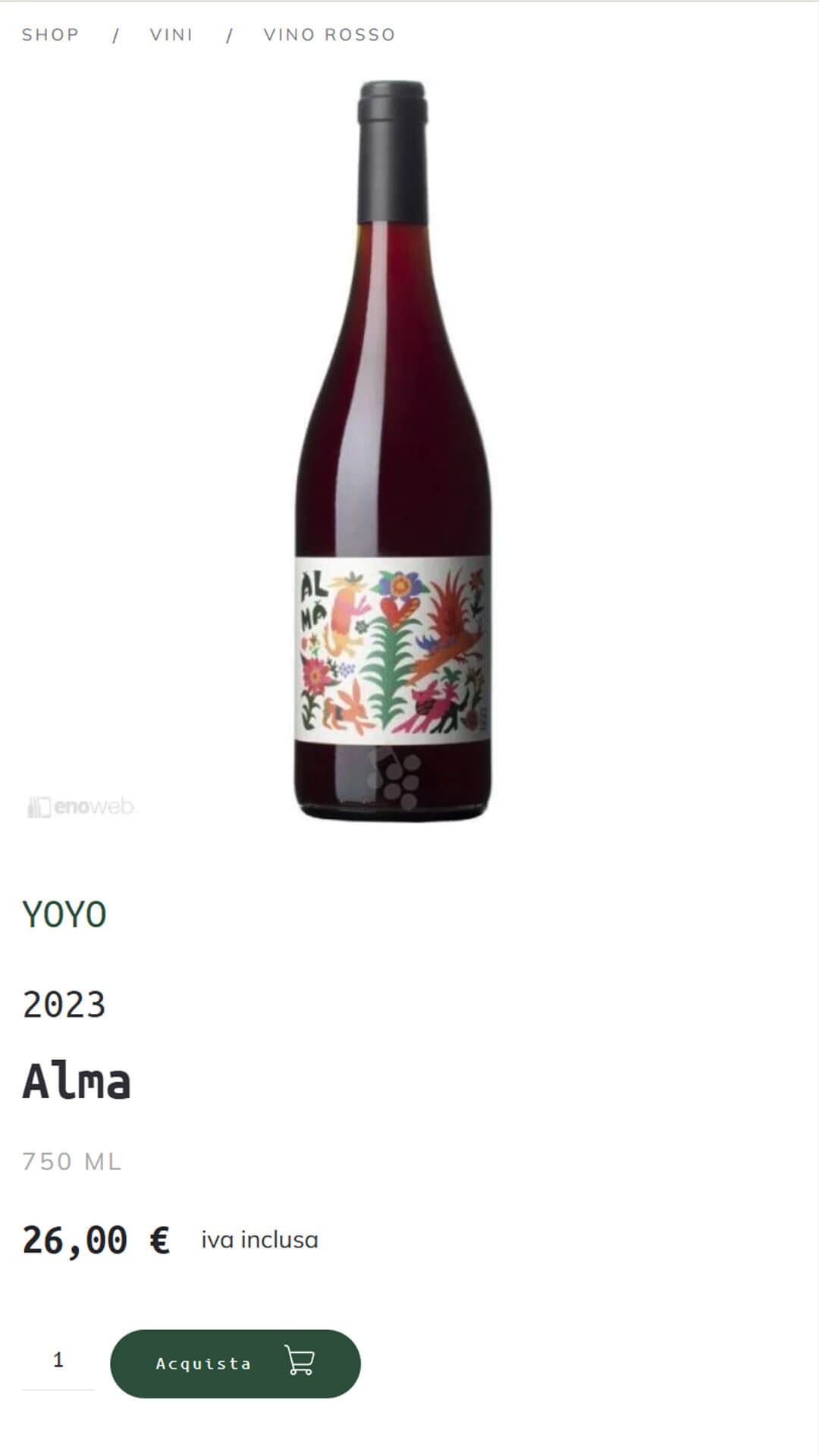 Scheda prodotto del vino rosso "Alma 2023" dell’etichetta Yoyo, bottiglia da 750 ml, prezzo 26 euro IVA inclusa