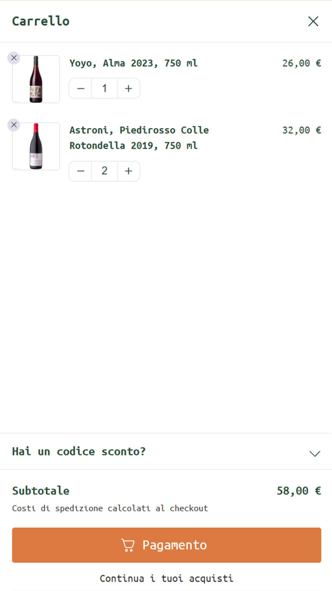 chermata del carrello dello shop online di Musicadatavola.it con i vini "Yoyo Alma 2023" e "Astroni Piedirosso Colle Rotondella 2019", totale parziale di 58 euro.