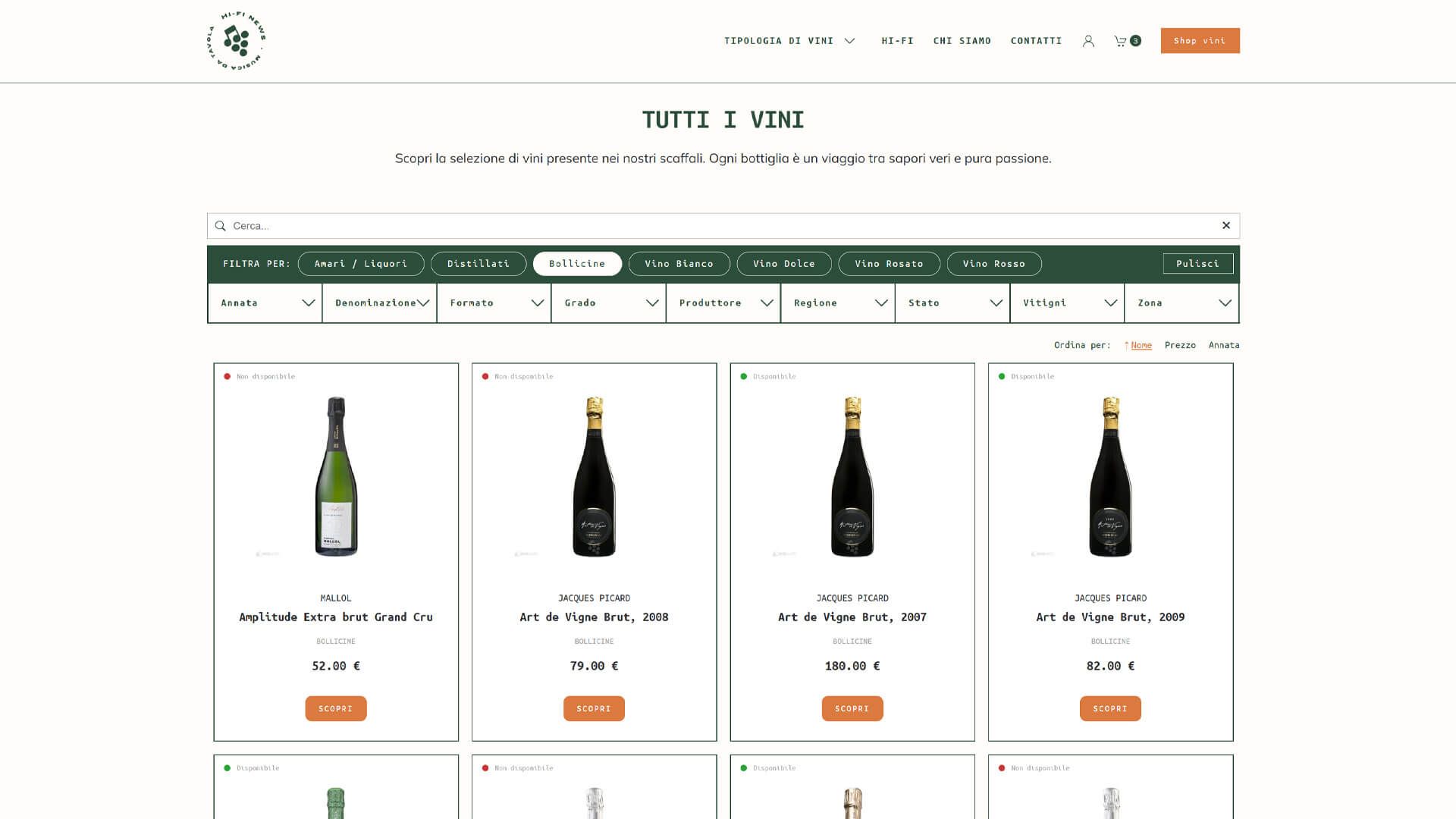 Pagina di catalogo con la selezione completa dei vini in vendita su Musicadatavola.it, filtrabili per tipologia, denominazione, regione e produttore