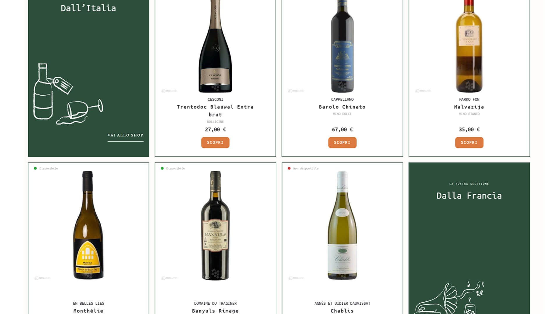Immagine della homepage del sito musicadatavola.it riportante una selezione di vini dall'Italia e dalla Francia