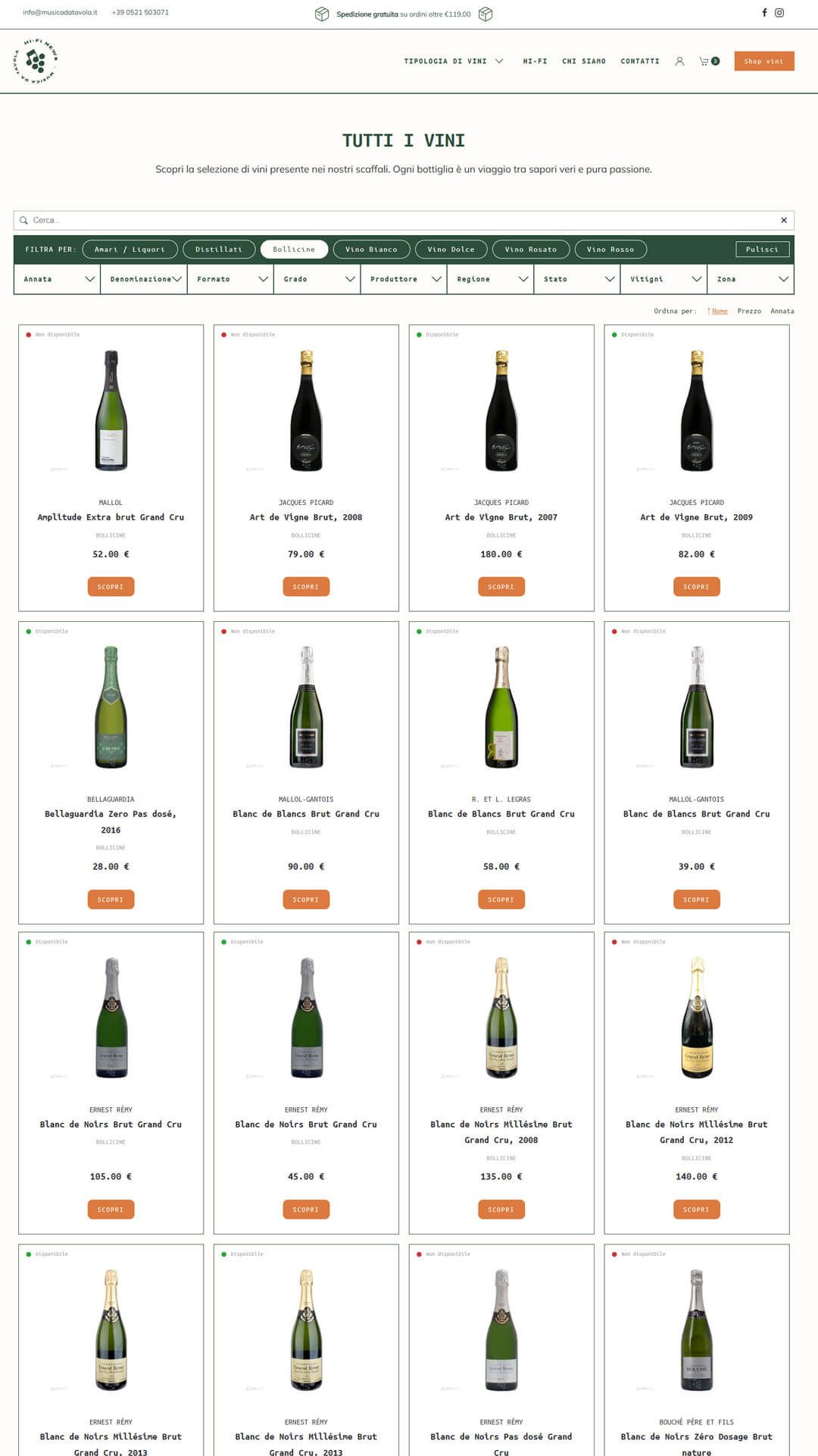 Pagina di catalogo con la selezione completa dei vini in vendita su Musicadatavola.it, filtrabili per tipologia, denominazione, regione e produttore