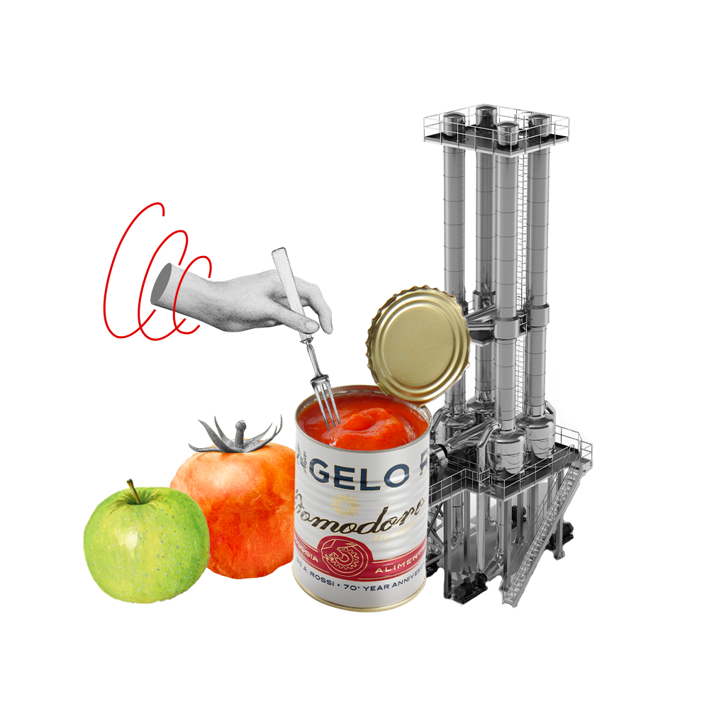 Composizione grafica con un condensatore di pomodoro Thor prodotto da Ing A. Rossi, una latta di passata di pomodoro e frutta