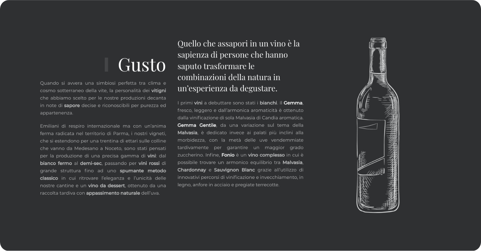 esempio pagina web del sito tenuteventurinifoschi.com con una bottiglia di vino malvasia illustrata
