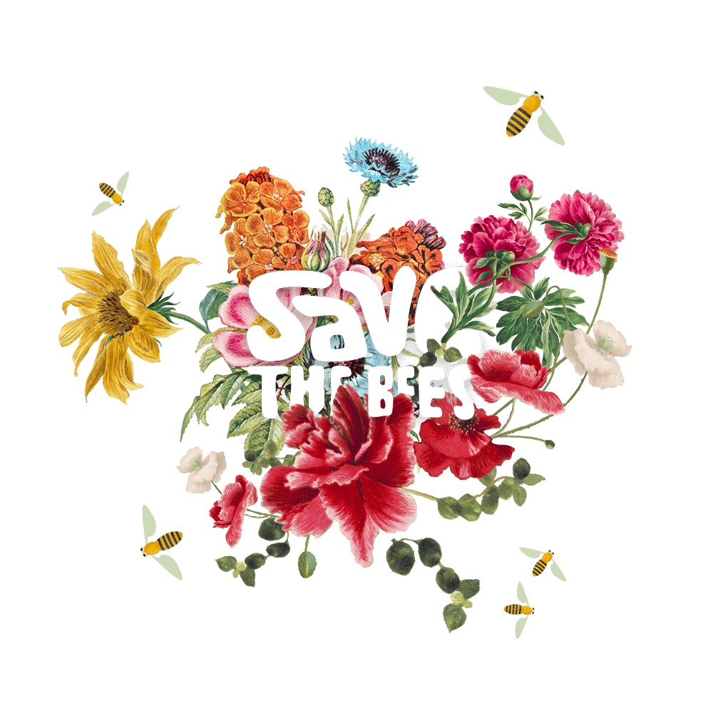 Composizione di fiori illustrati con illustrazioni di api e logo Save The Bees