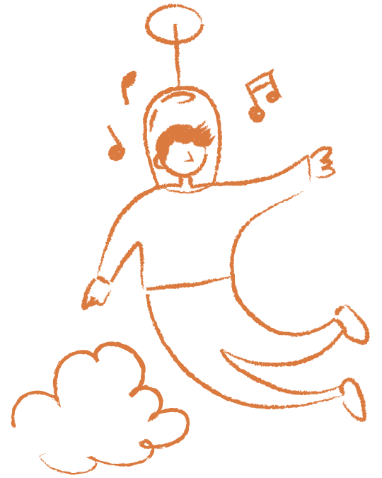 Illustrazione di un uomo che fluttua fra le nuvole ascoltando musica